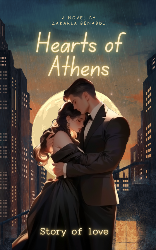 Book cover of 'Hearts of Athens' with a couple embracing under a moonlit sky in an urban setting.Romance Novel: "Hearts of Athens: Forbidden Love and Rivalry in the Age of Honor"