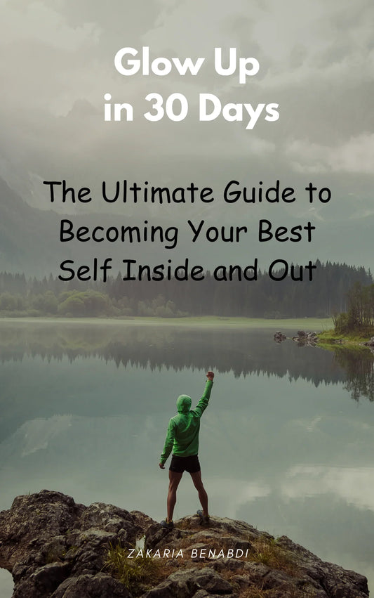 Person in green hoodie standing on a rock with a lake and forest in the background, with text overlay about a guide to self-improvement.